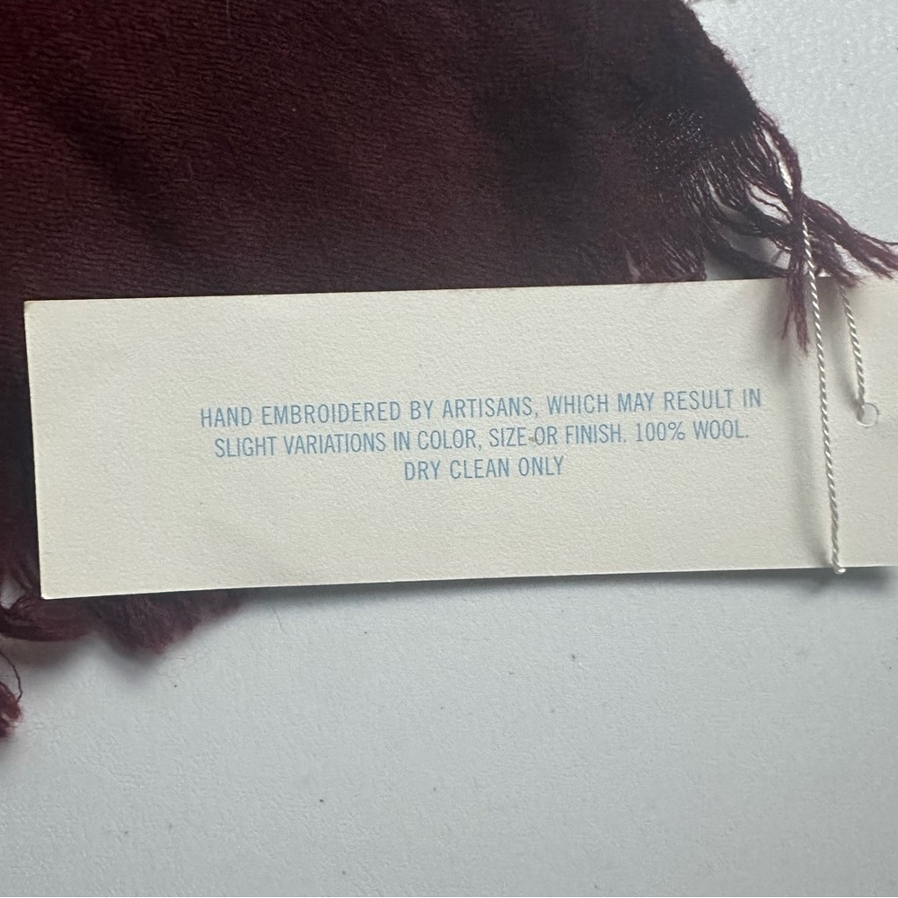 Judy Ross Burgundy Pink Hand Embroidered 100% Wool Scarf NWT - Picture 4 of 7